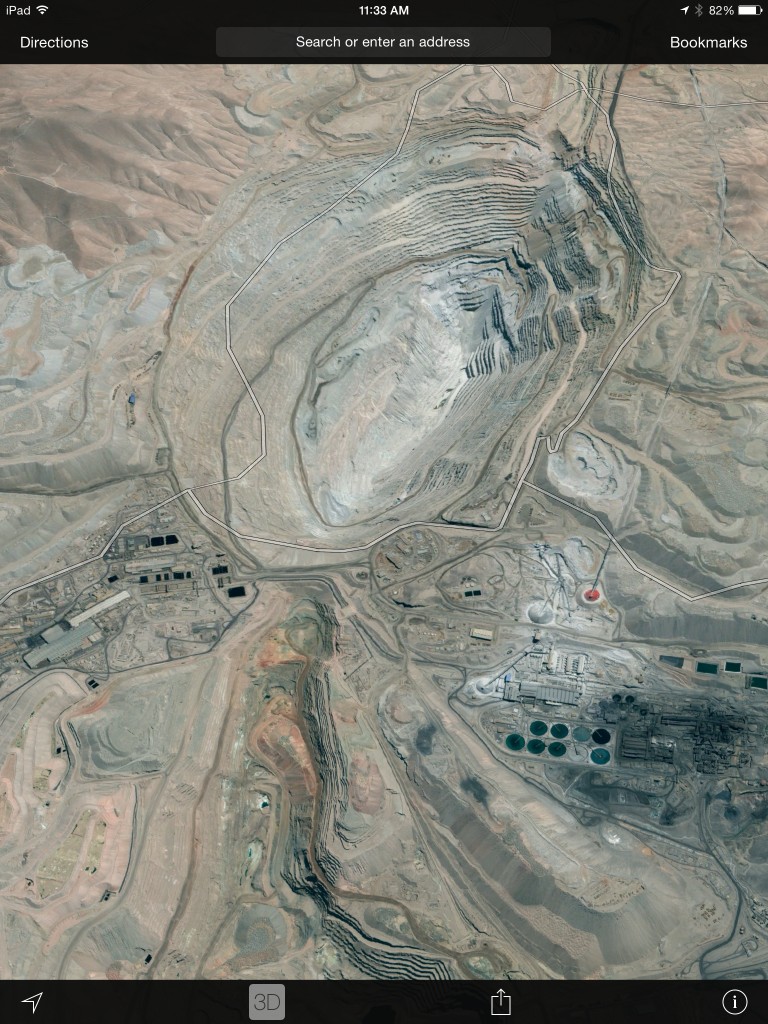 The Chuquicamata copper mine as seen on Google Earth. 5Km long, 3Km wide, and 1Km deep. 